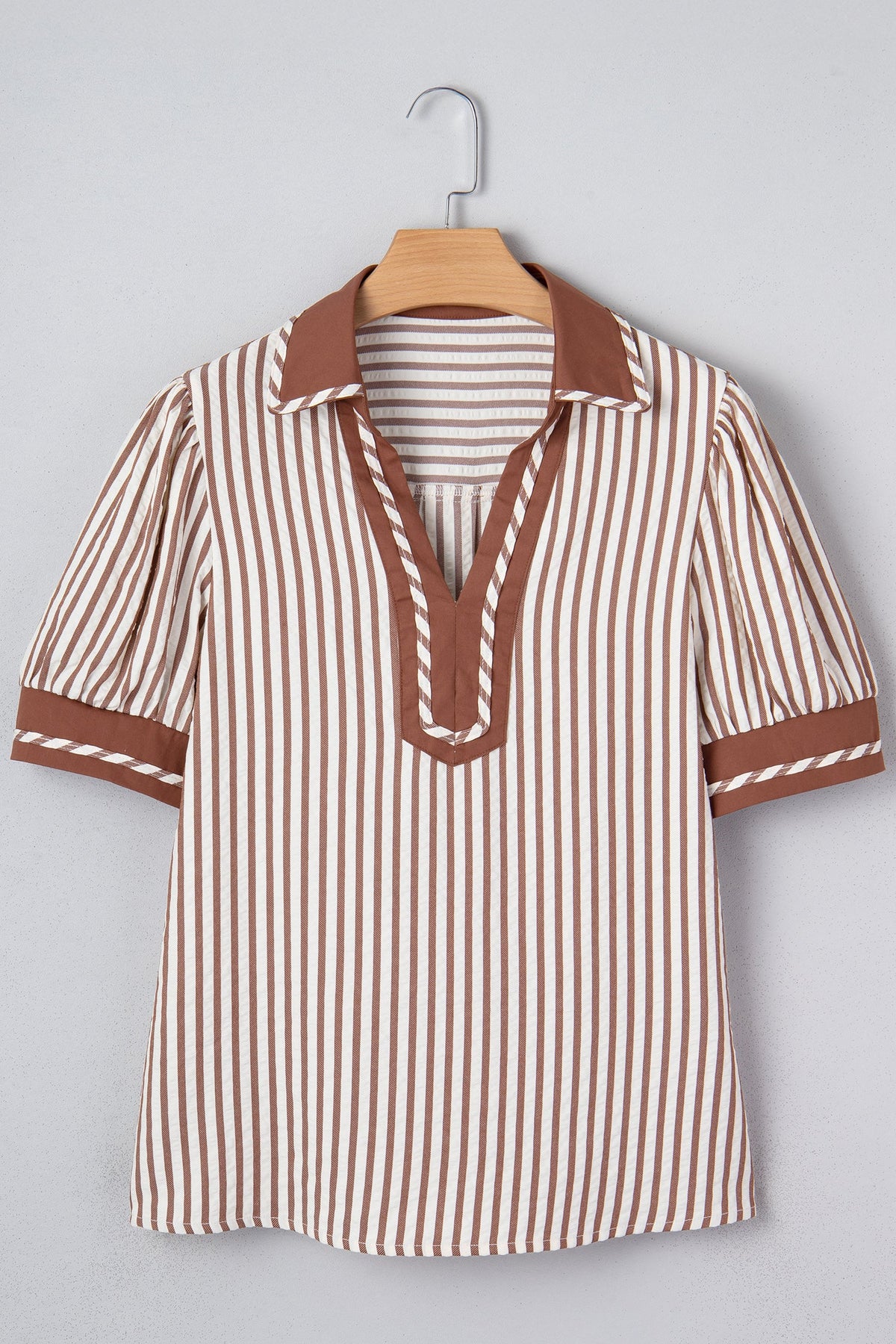 Stripe Collared V-Neck Bubble Sleeve Blouse