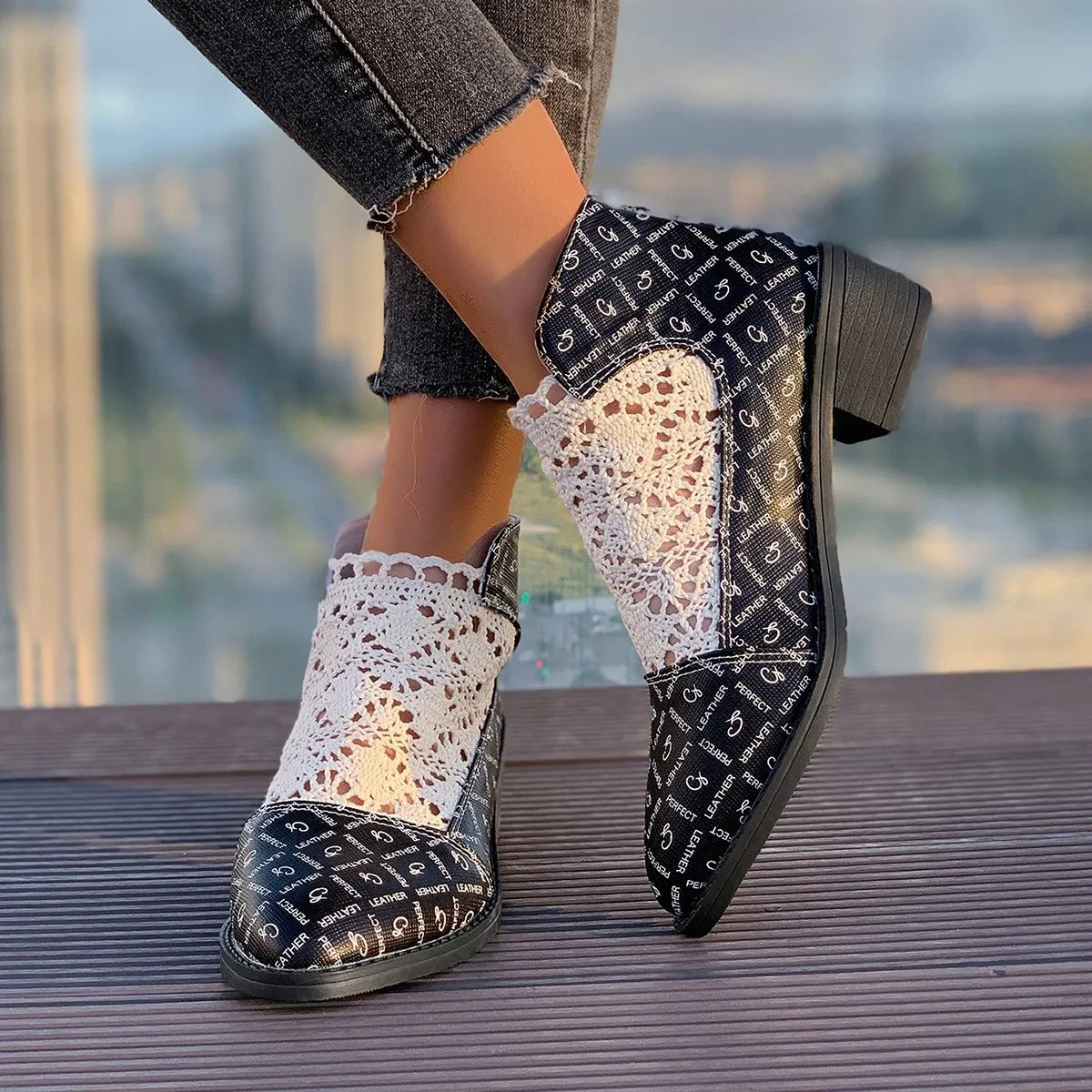 Printed Point Toe Block Heels Boots