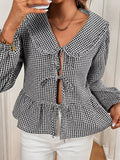 Gingham Tie-Front Peplum Blouse