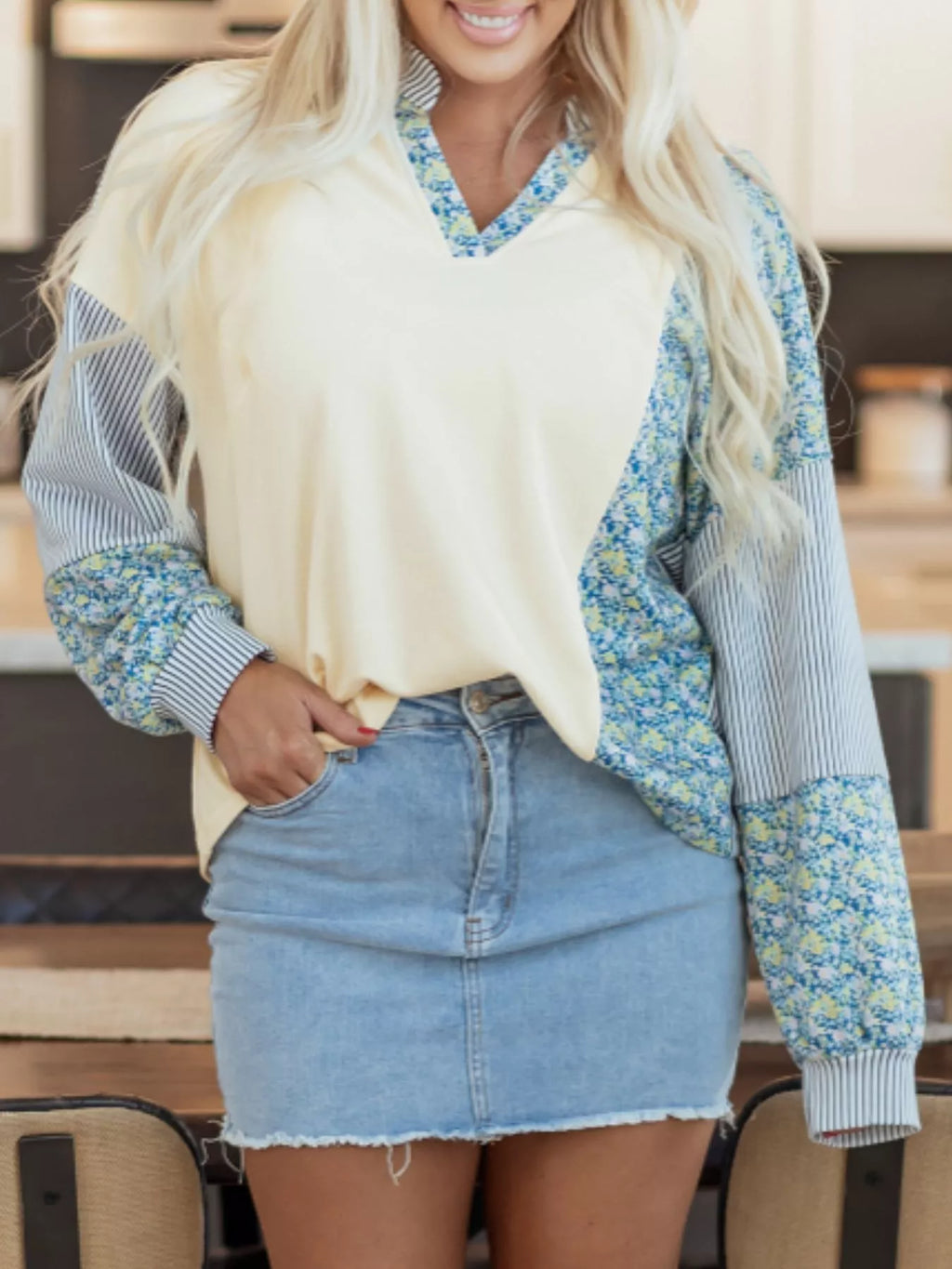 Floral Striped Drop Sleeve Collared Boxy Fit Sweatshirt