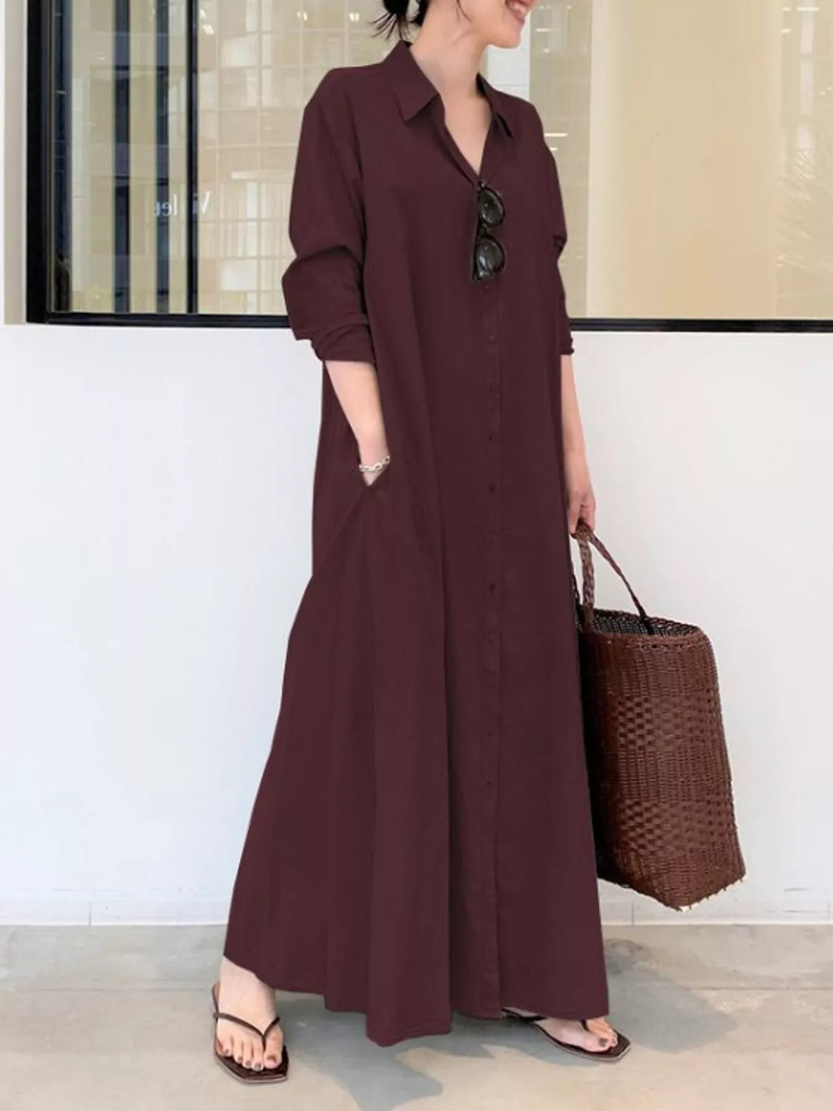 Full Size Button Front Long Sleeve Maxi Shirt Dress Plus Size