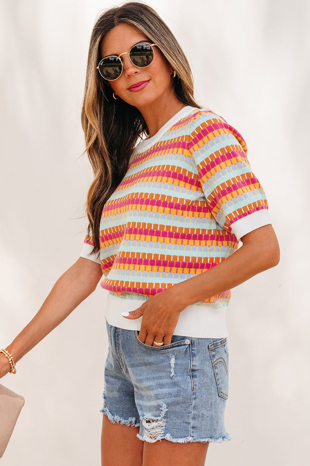 Orange Abstract Striped Knit Short Sleeve Sweater