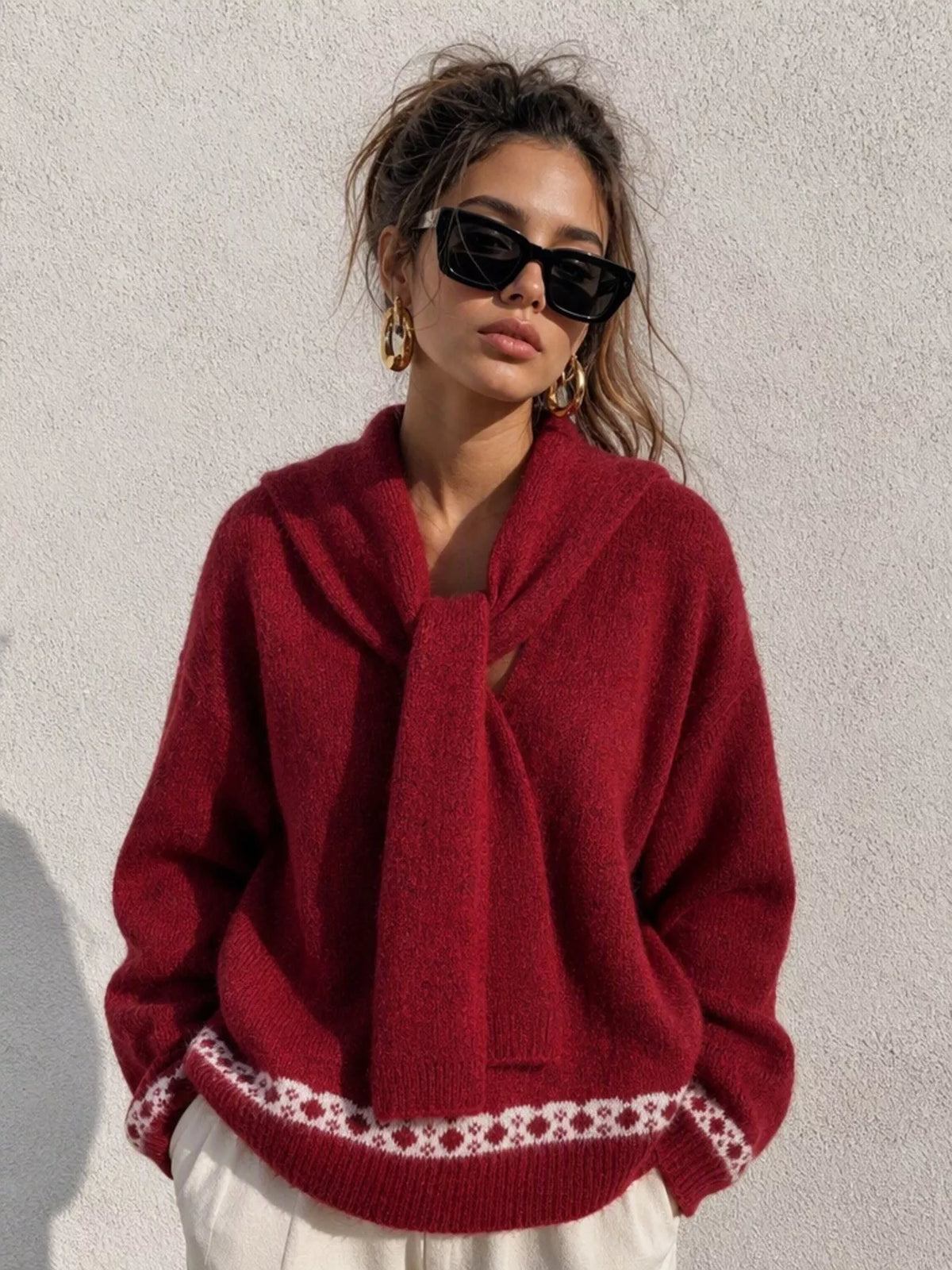 Scarf Detail Dropped Shoulder Sweater
