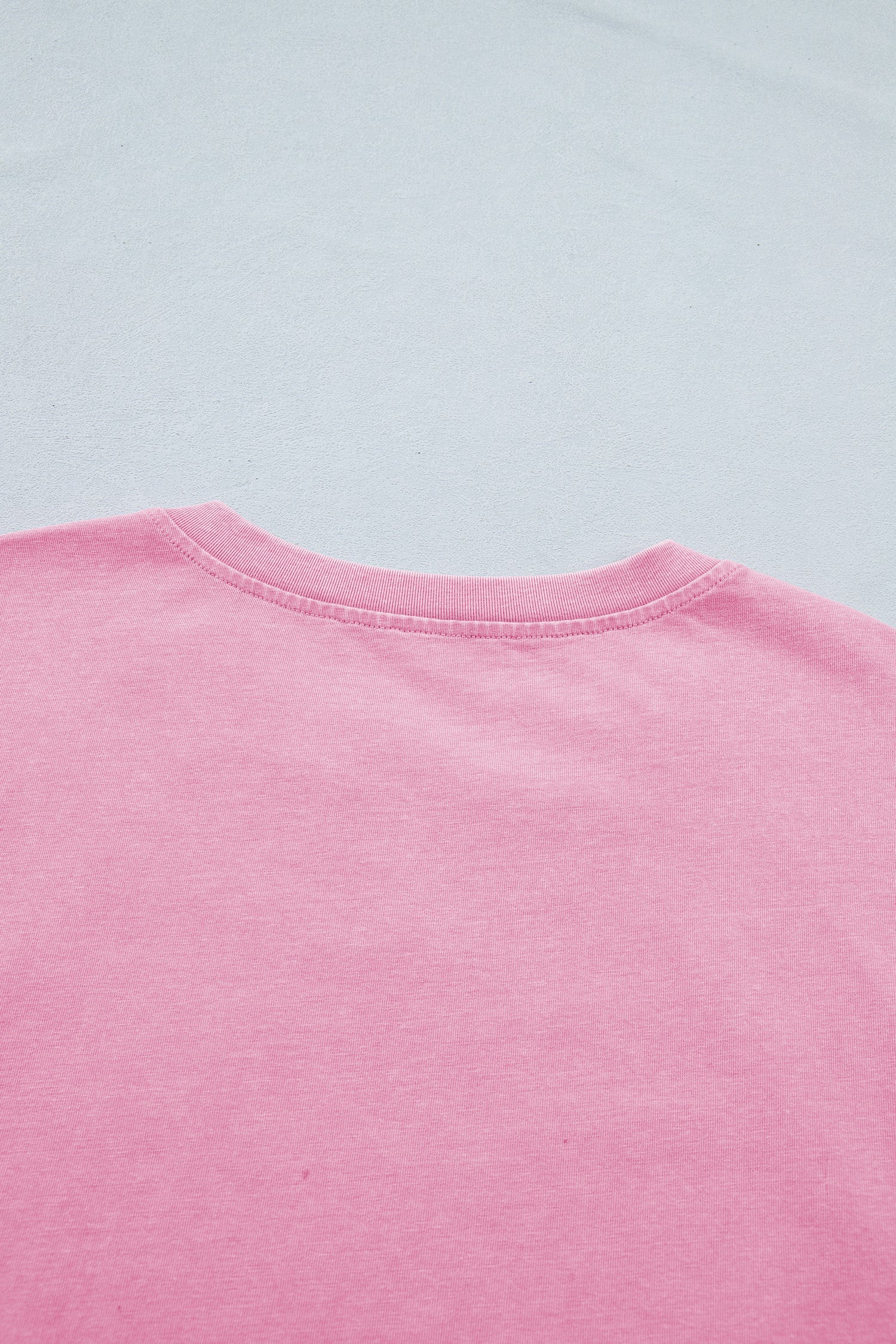 Pink Raw Cut Notched Neck Lace Patchwork Detail Mineral Wash Tee