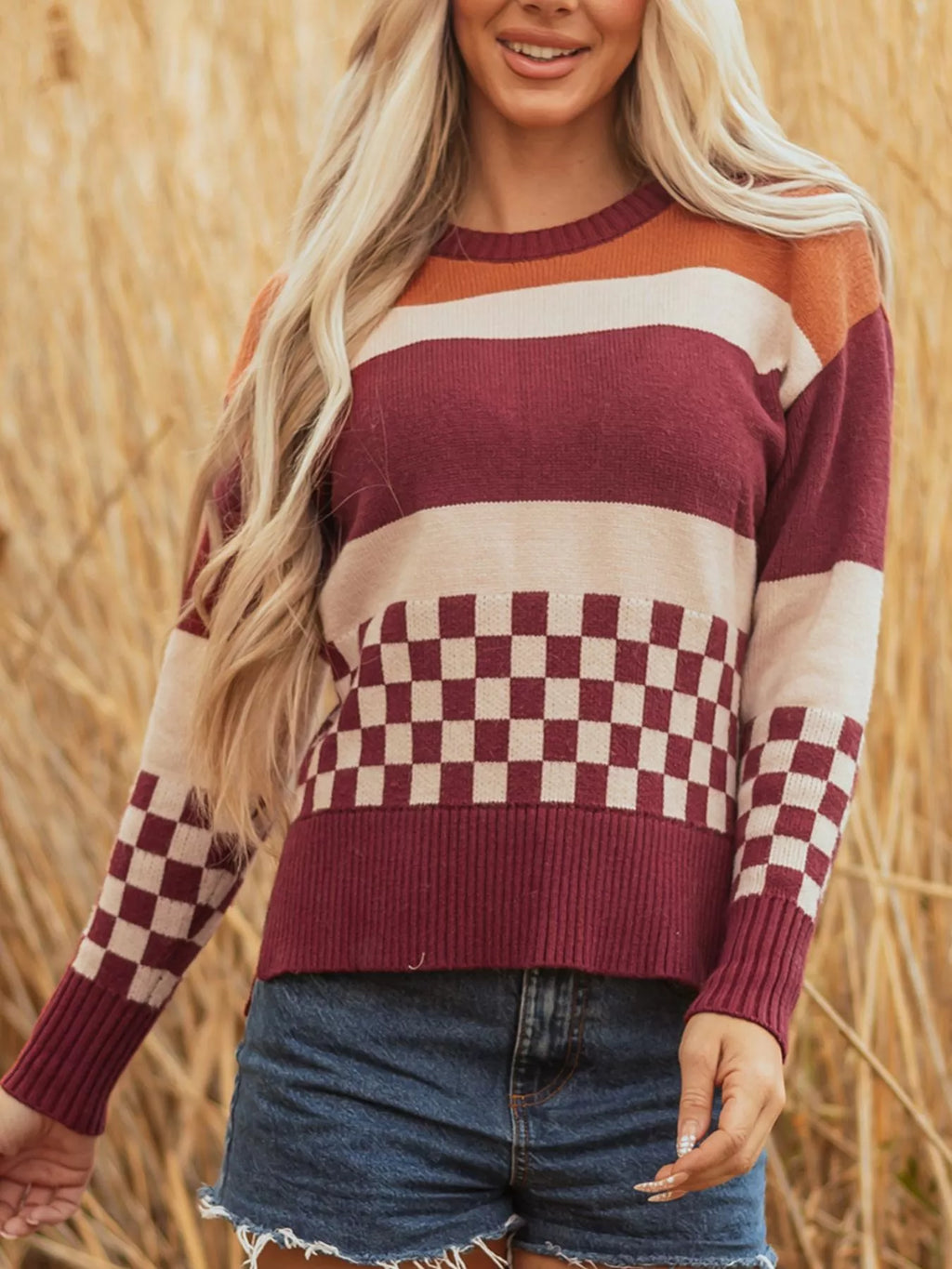 Checkered Color Block Knitted Drop Shoulder Sweater