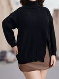 Plus Size Side Slit Ribbed Turtleneck Sweater