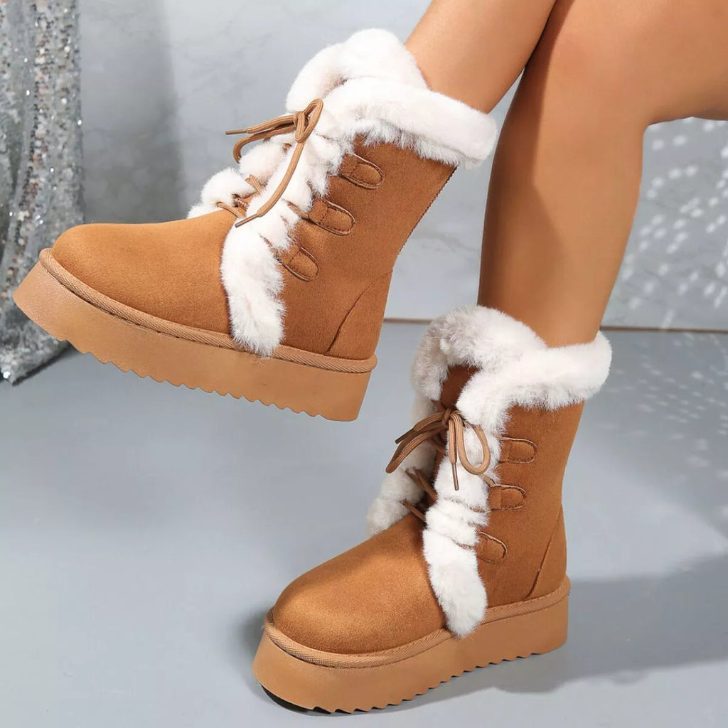 Fuzzy Trim Lace-Up Platform Boots