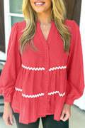 Coral Contrast Ricrac Trim V Neck Button Down Long Sleeve Shirt