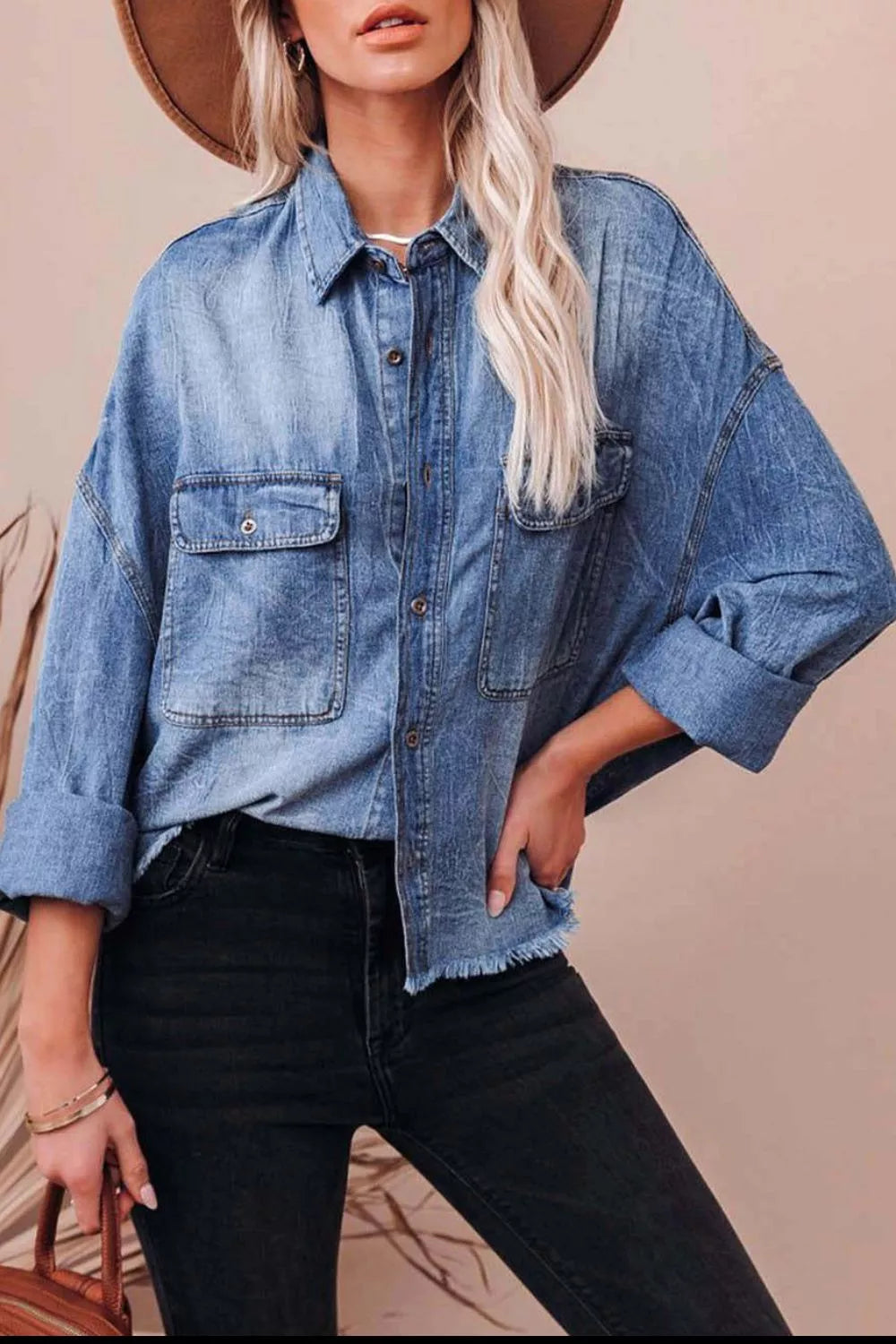 Collared Neck Raw Hem Long Sleeve Denim Shirt