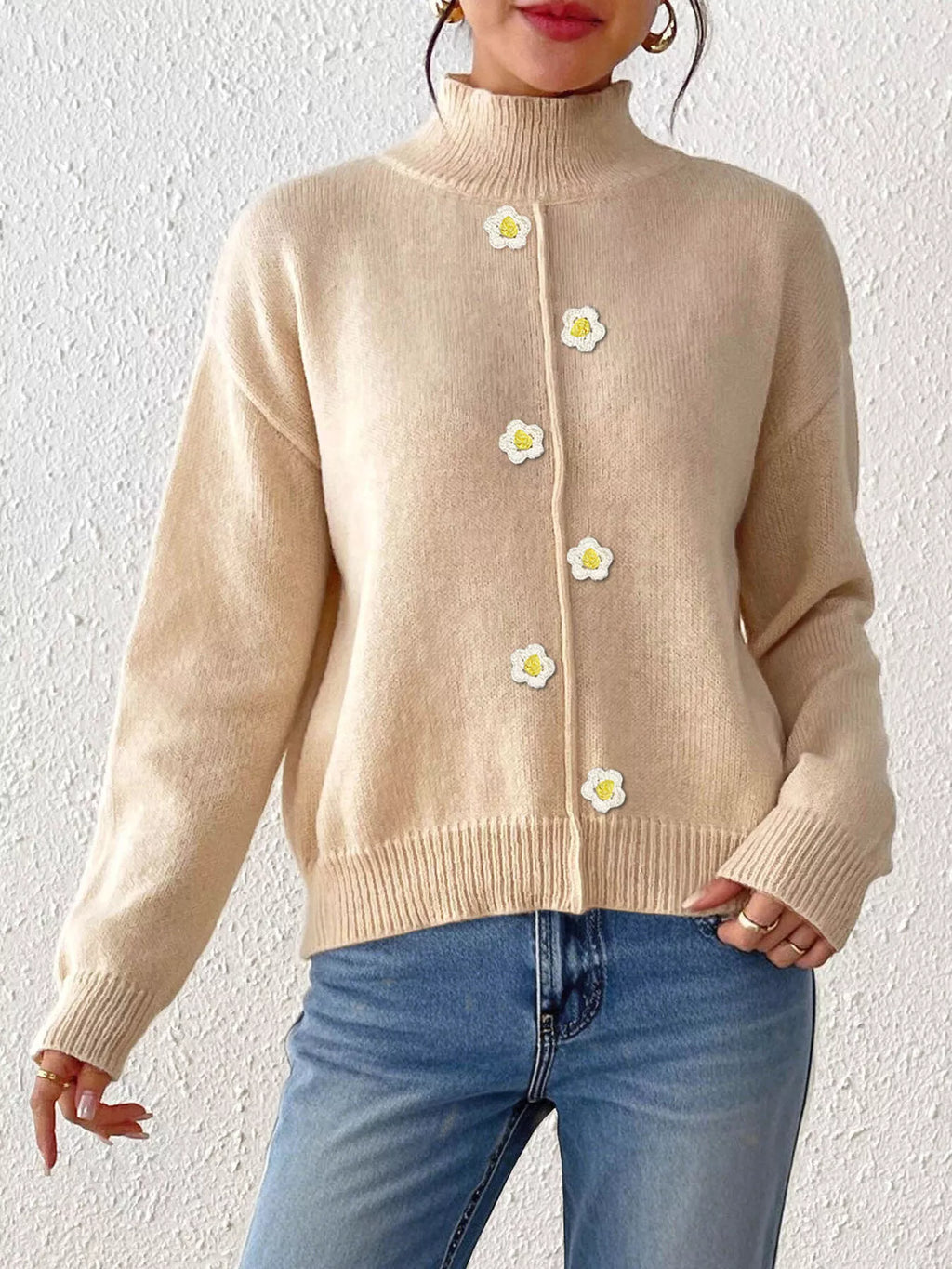 Floral Applique Turtleneck Sweater