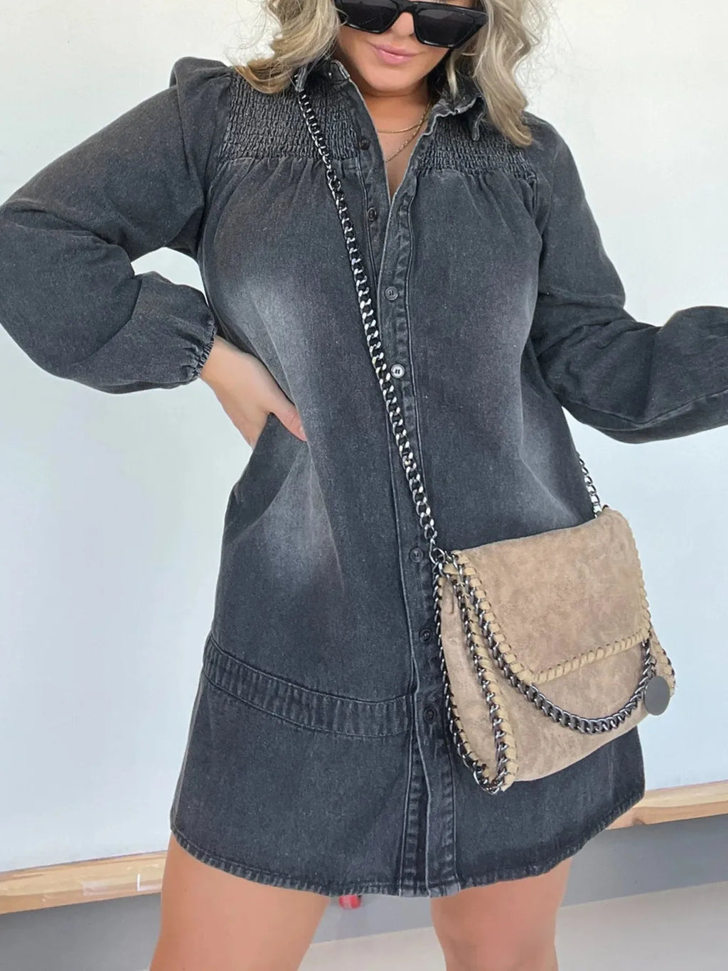 Full Size Button Front Long Sleeve Denim Dress Plus Size