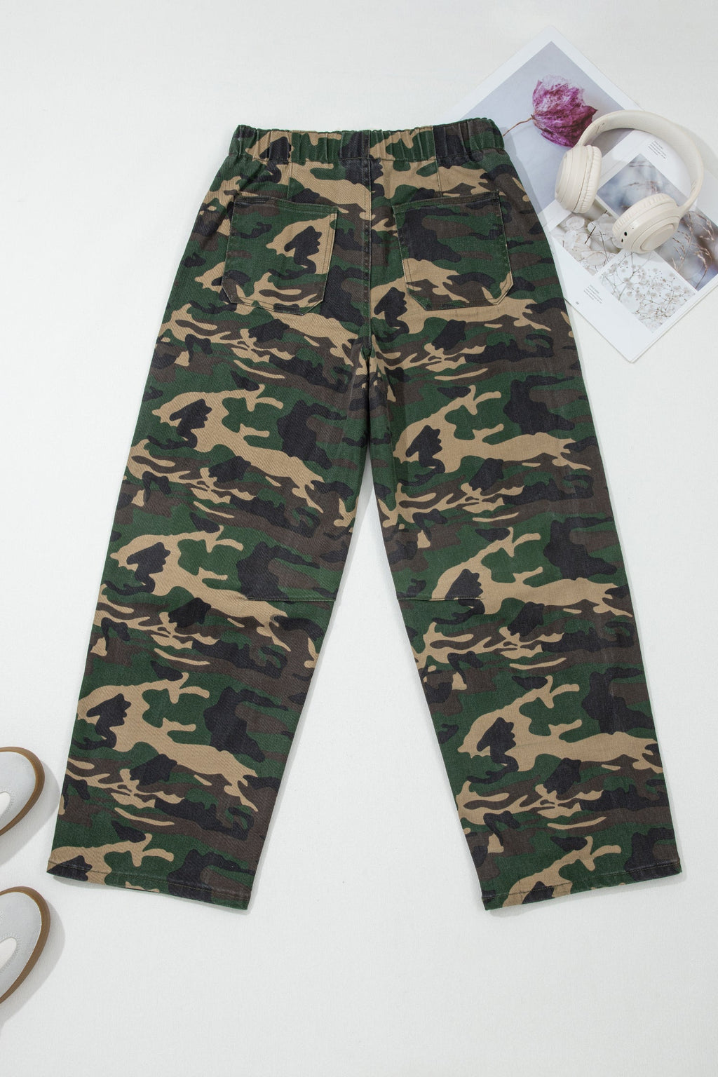 Green Camouflage Print Drawstring Patch Pocket Ankle Length Jeans