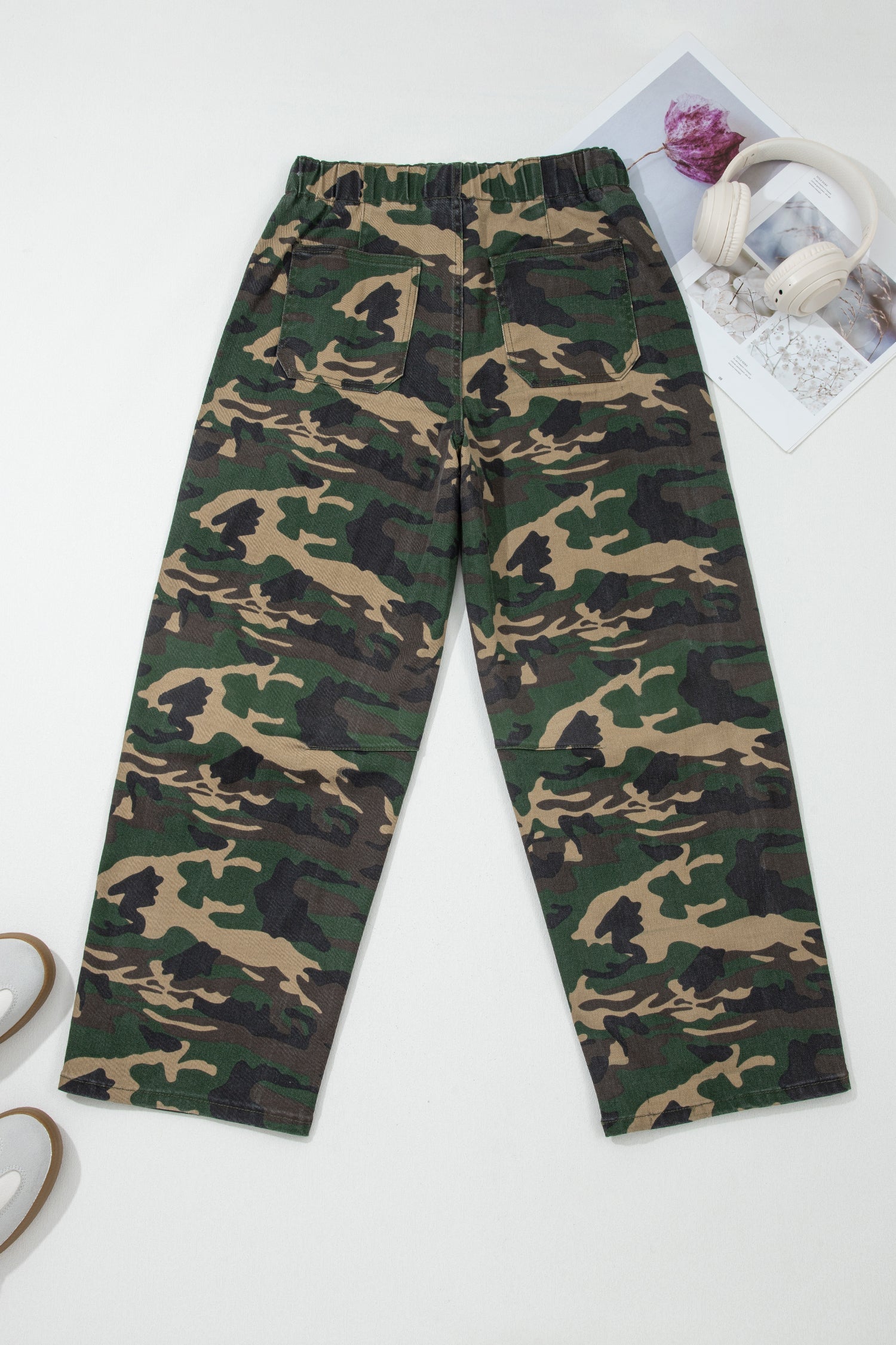 Green Camouflage Print Drawstring Patch Pocket Ankle Length Jeans