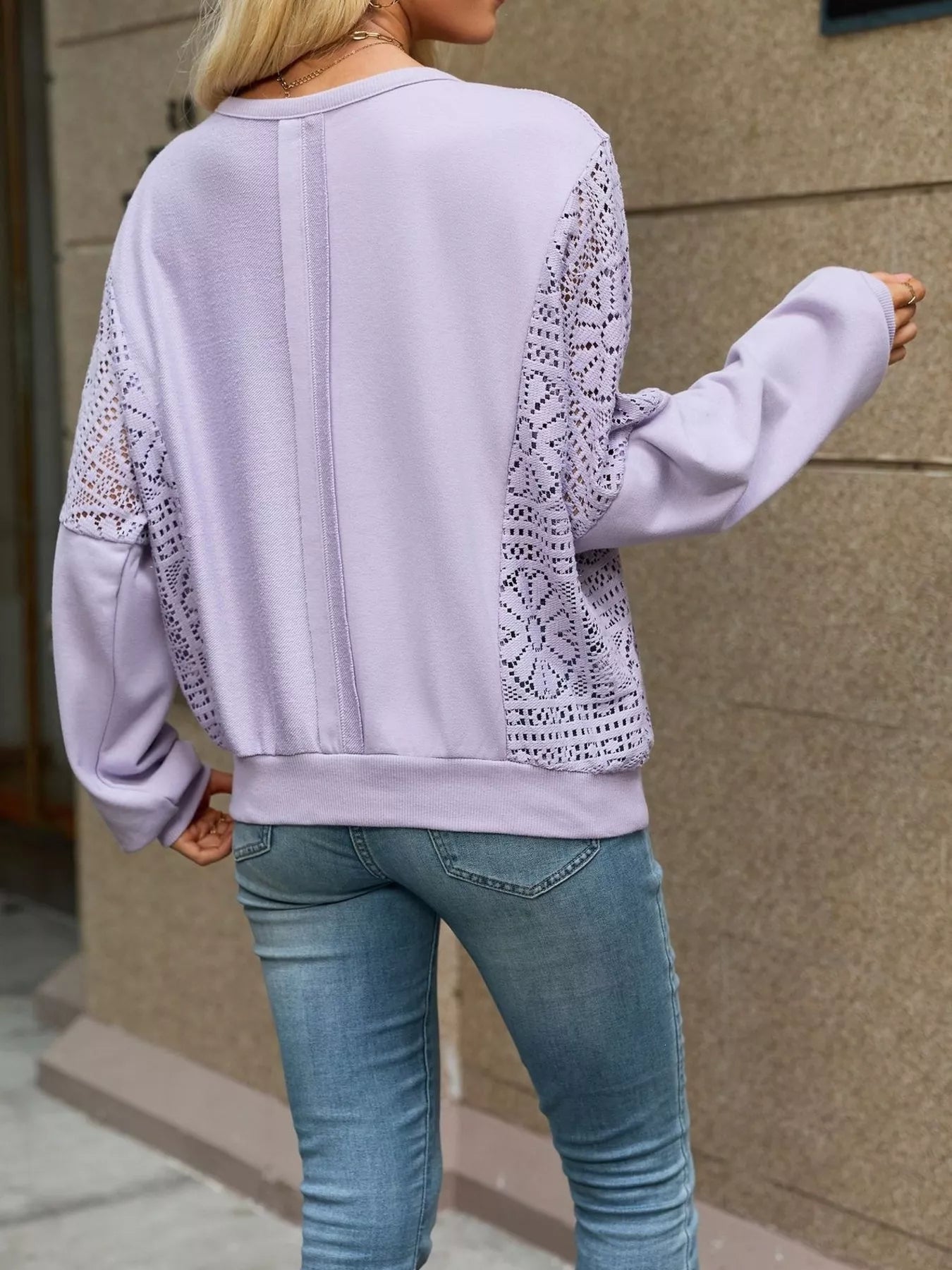 Lace Sleeve Crew Neck Sweatshirt