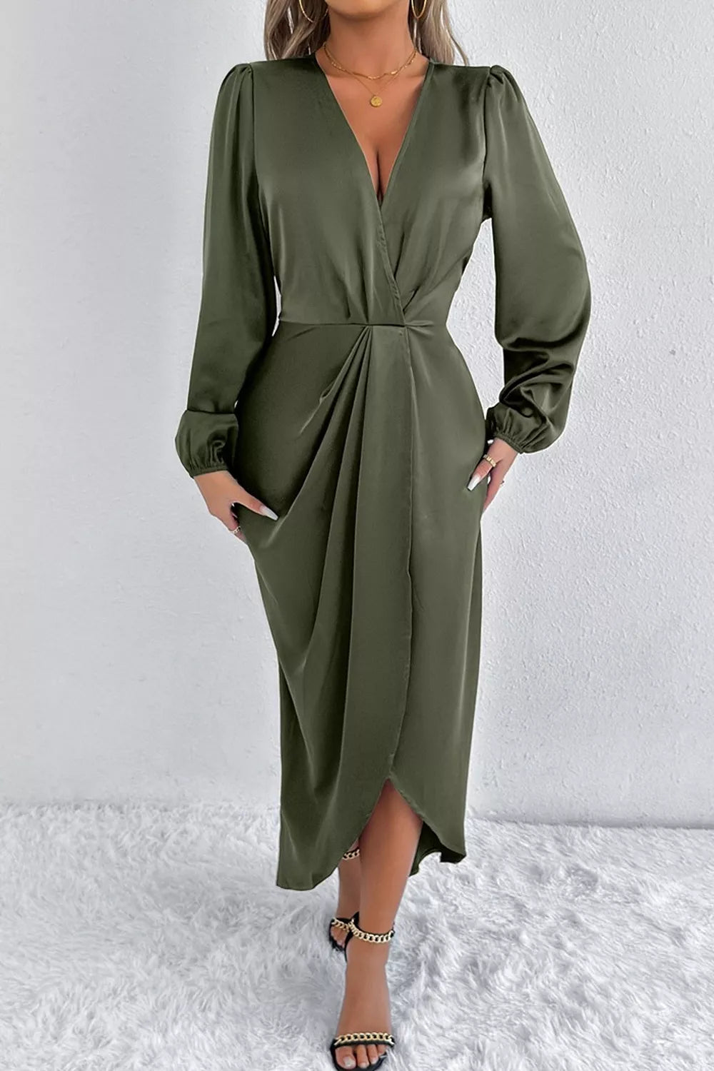 Satin Balloon Sleeve Midi Dress