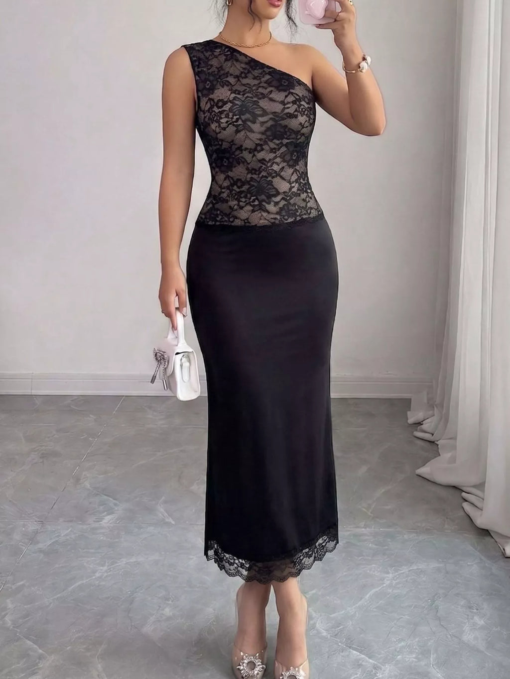 One-Shoulder Lace Trimmed Midi Dress