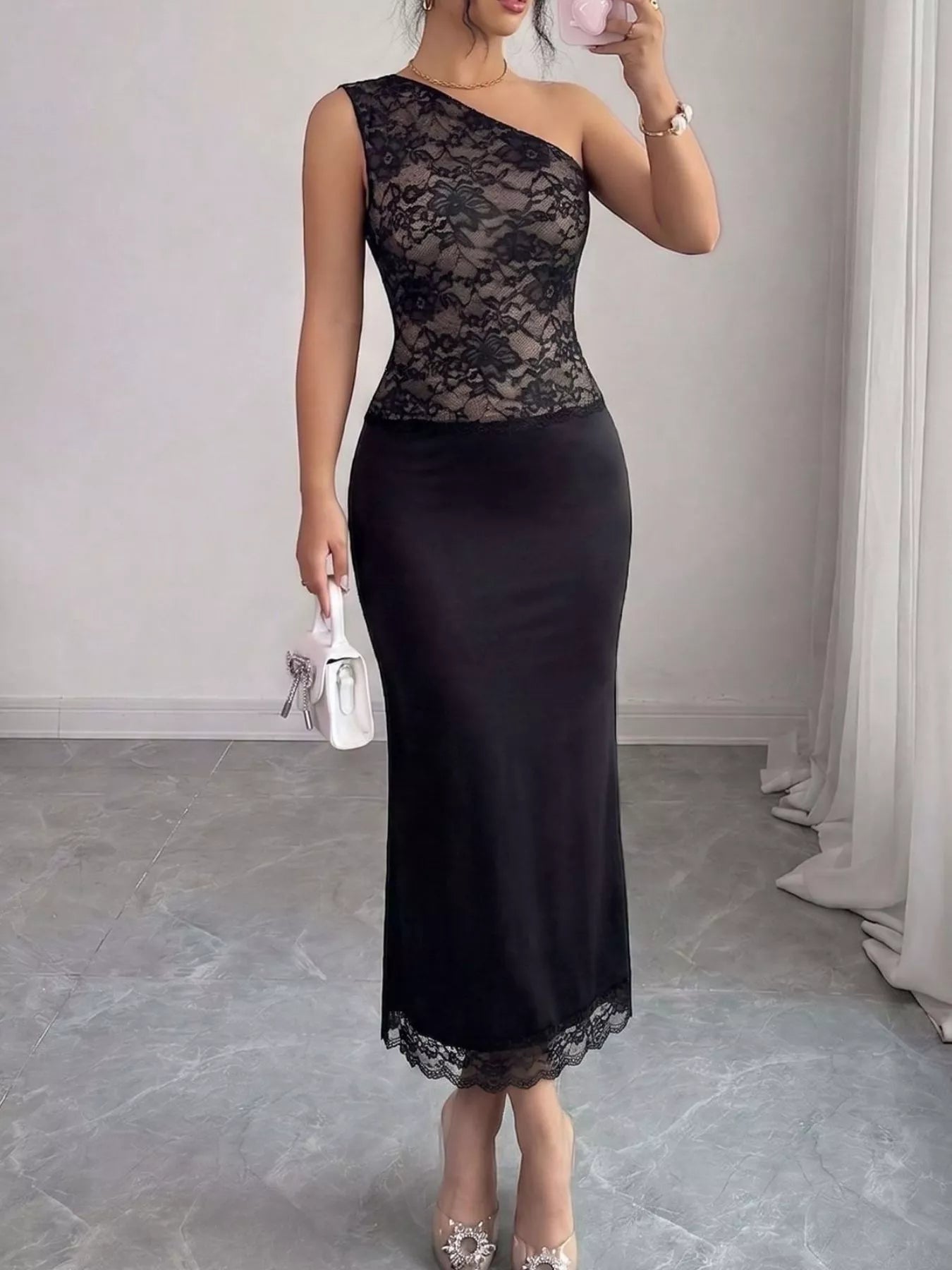 One-Shoulder Lace Trimmed Midi Dress