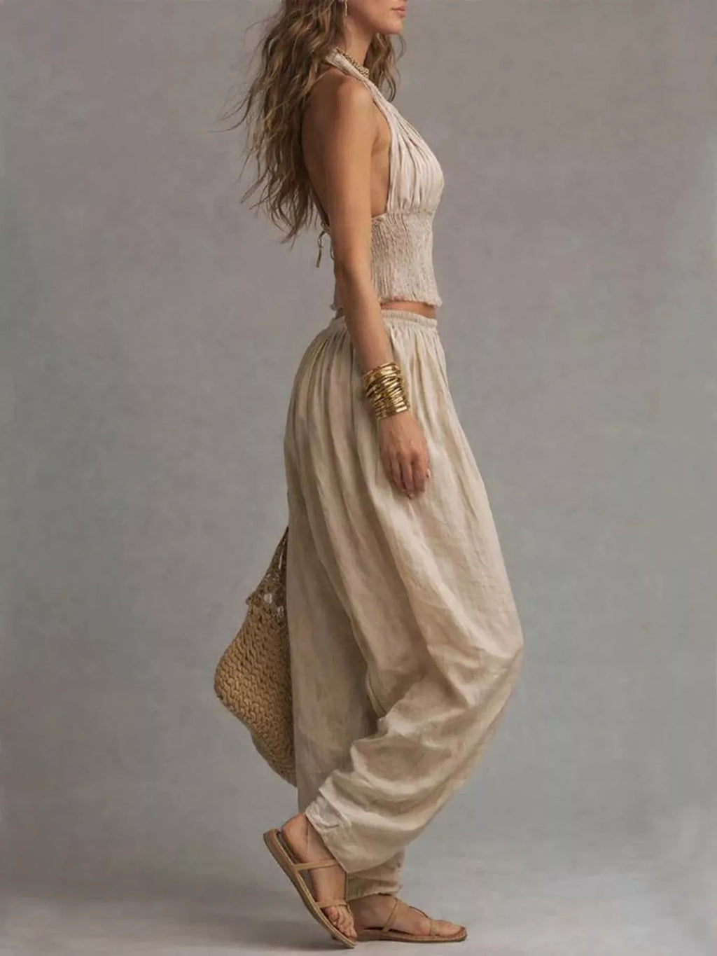 Full Size Halter Neck Top and Wide-Leg Harem Pants Two-Piece Set Plus Size