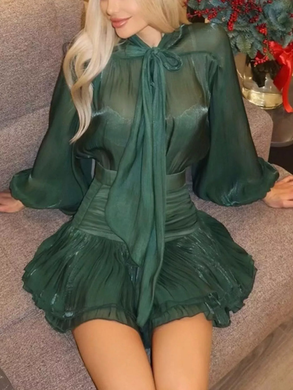 Bow-Tie Blouse and Ruffled Mini Skirt Two-Piece Set