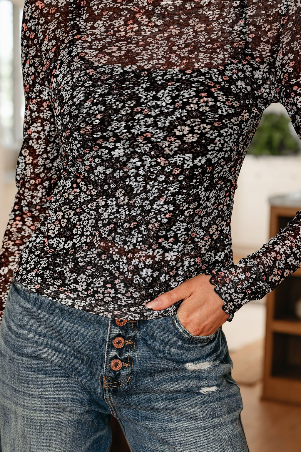 Black Ditsy Floral Mesh Thumbhole Sleeve Slim Fit Top