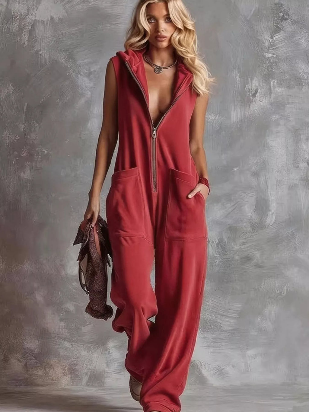 Sleeveless Hooded Zip-Front Casual Jumpsuit