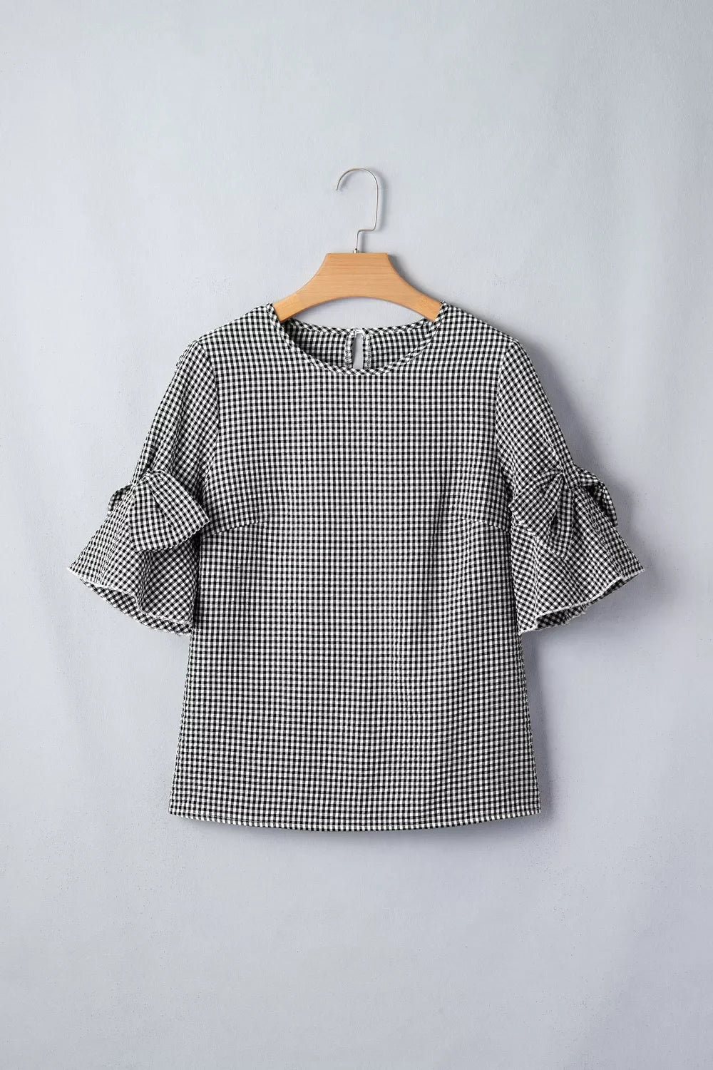 Gingham Bow Half Sleeve Blouse