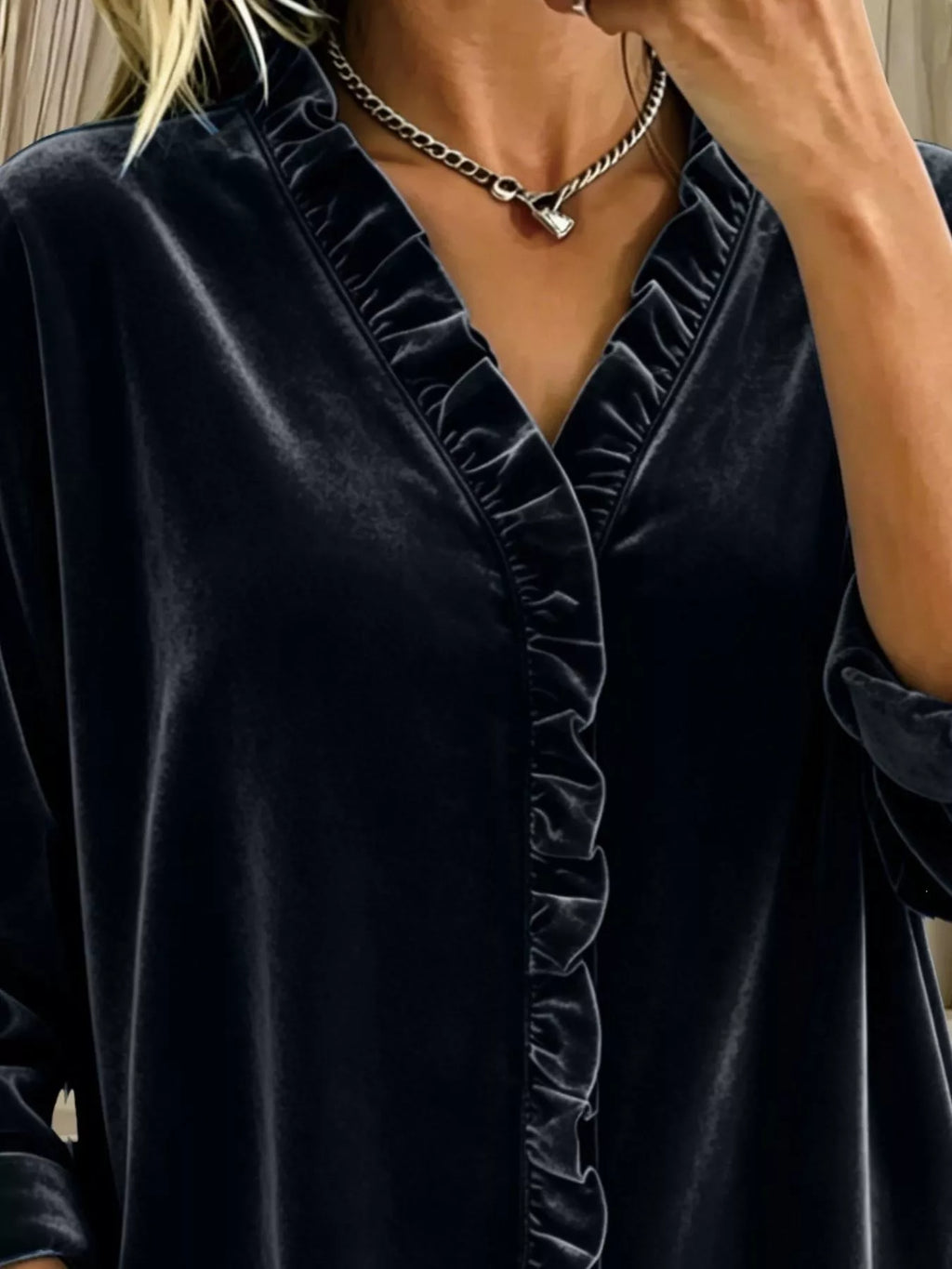 Velvet Frill V-Neck Blouse