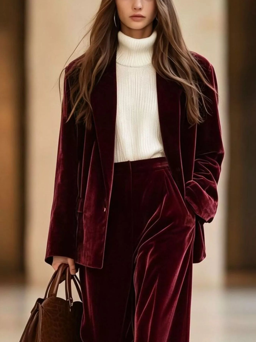 Velvet Blazer and Wide-Leg Pants Two-Piece Set
