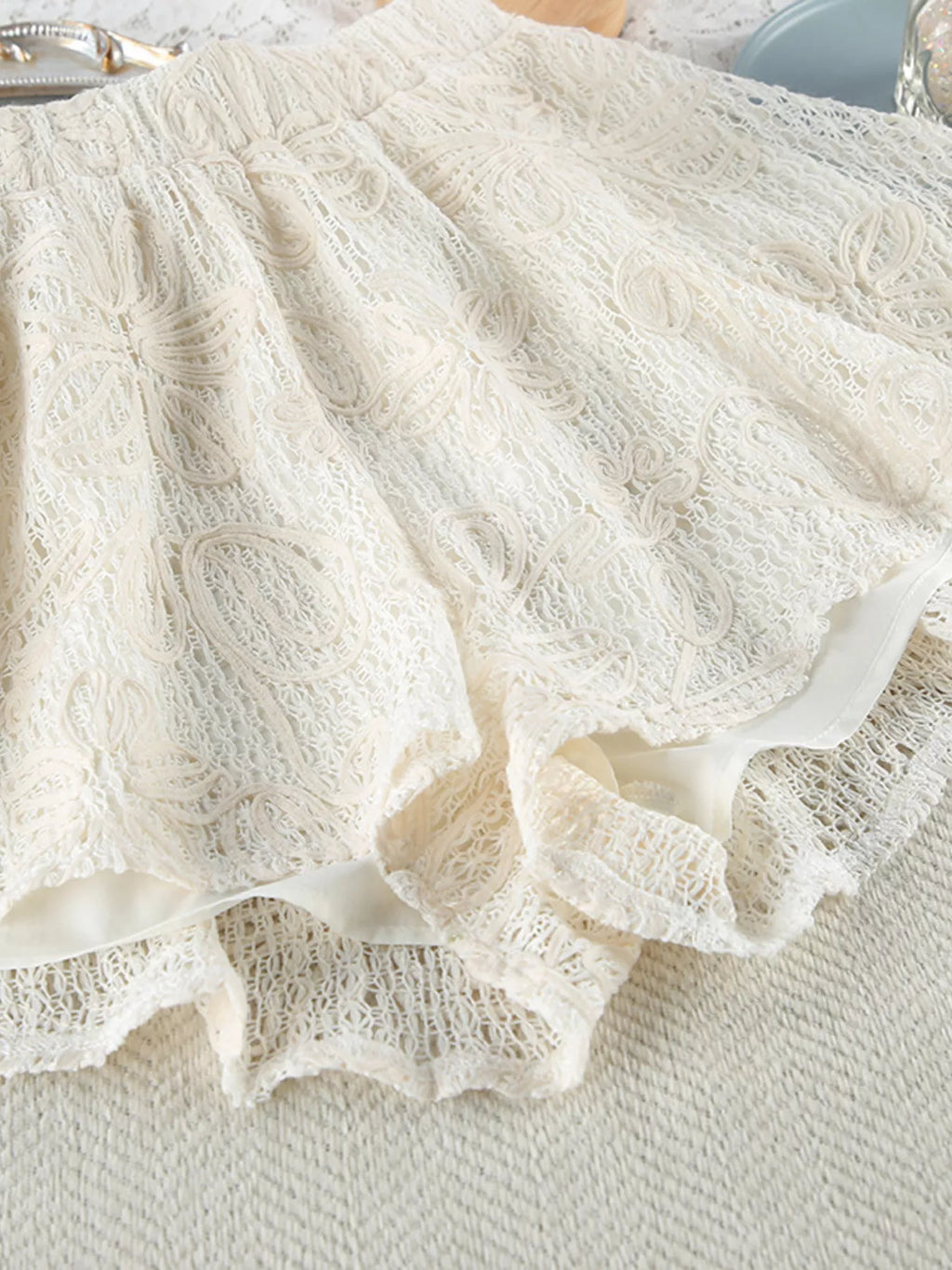 Lace Crochet Tie Front Top and Shorts Two-Piece Lounge Set