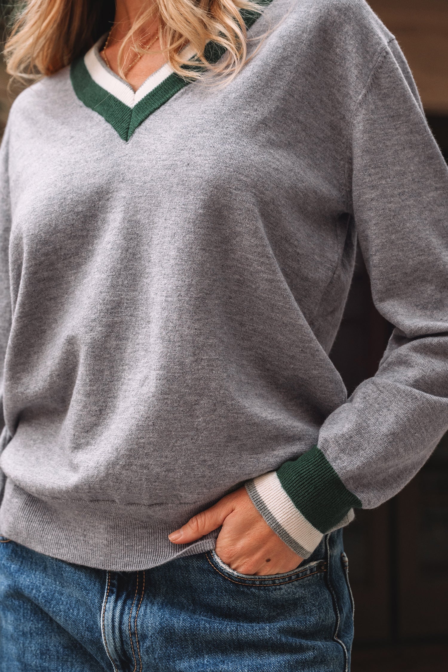 Gray Contrast Striped Trim V Neck Varsity Sweater