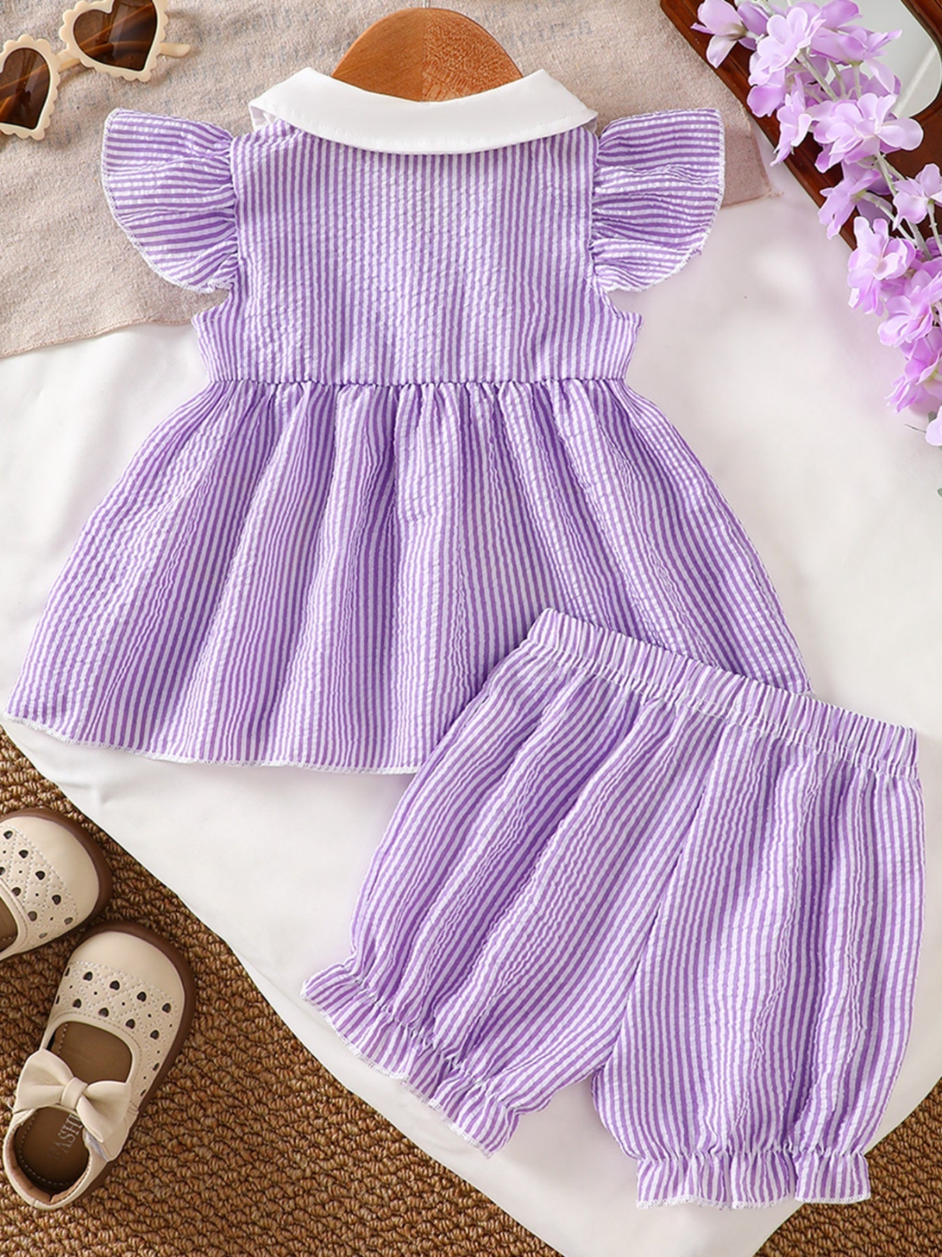 Children's Striped Ruffle Sleeve Top and Shorts Set