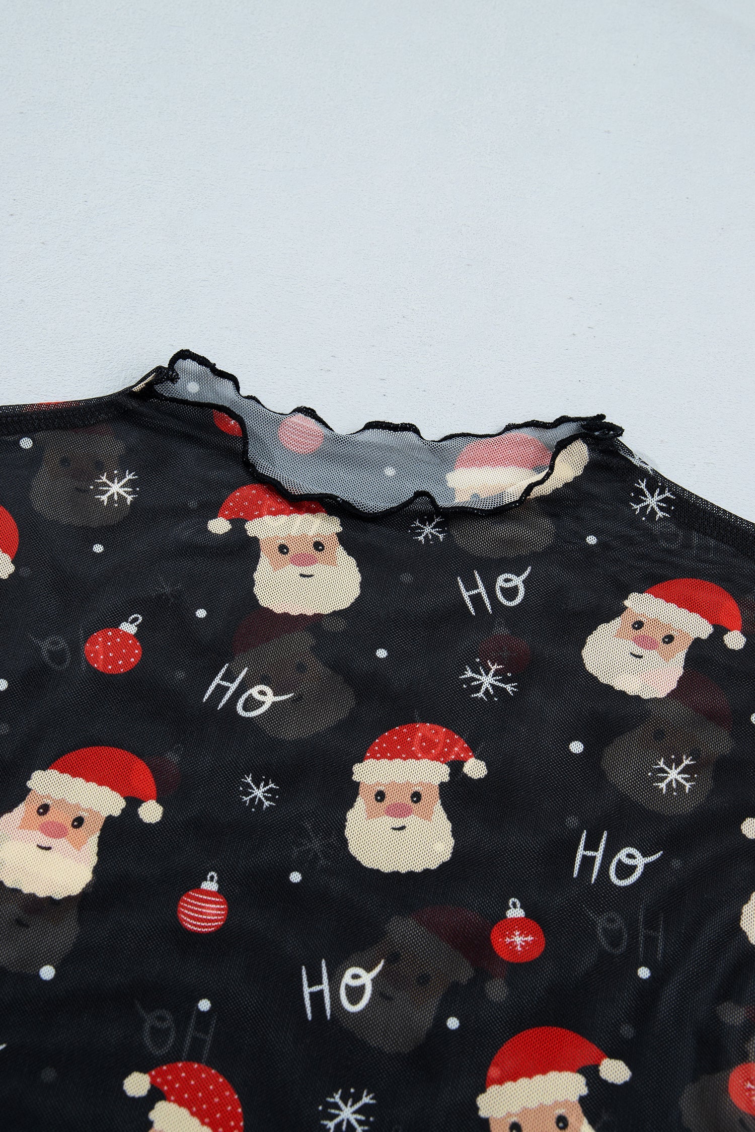 Black Santa Print Sheer Stand Neck Long Sleeve Top