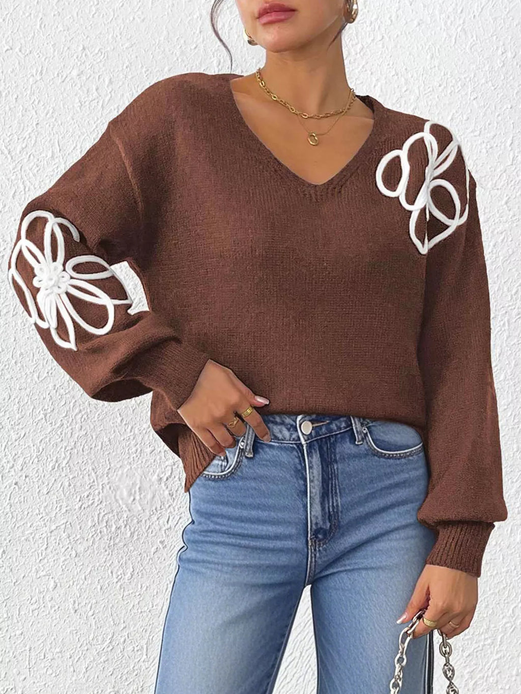 Flower V-Neck Dropped Shoulder Sweater