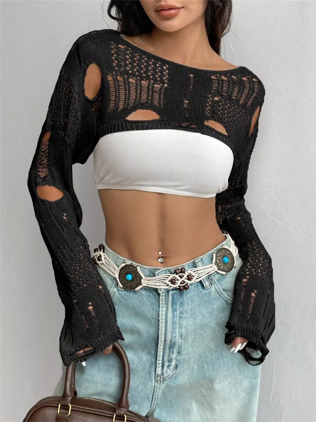 Distressed Cropped Knit Cover Up