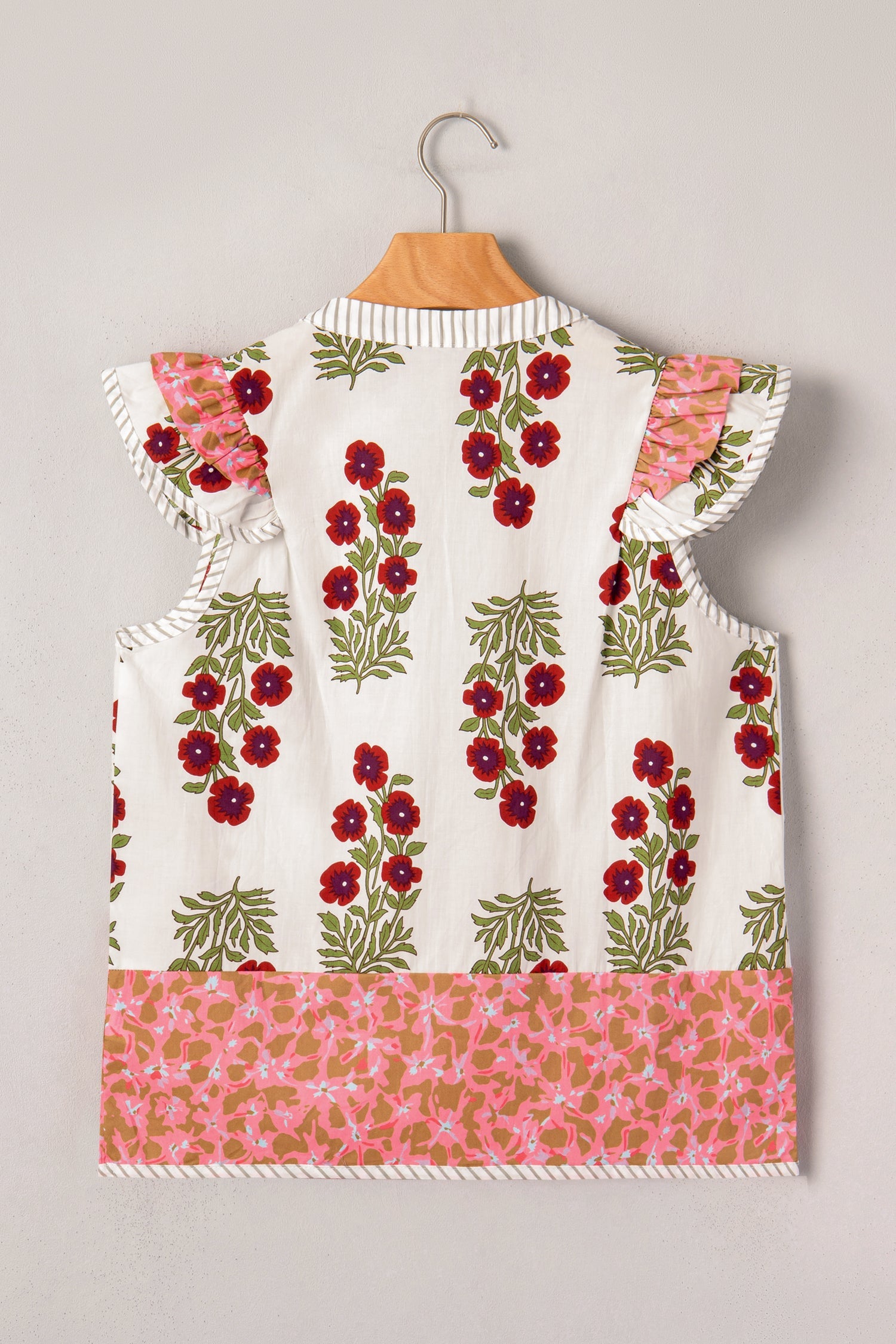 White Floral Print Contrast Striped Trim Flutter Cotton Blouse
