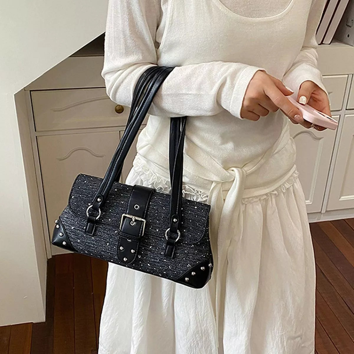 Studded Shoulder Bag with Buckle Detail