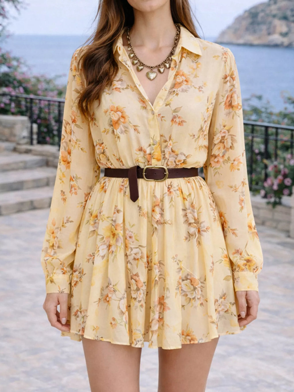 Full Size Floral Print Long Sleeve Shirt Dress Plus Size