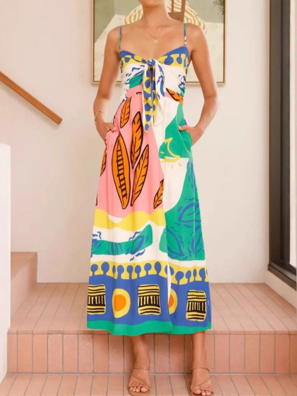 Tied Front Printed Slit Maxi Cami Dress