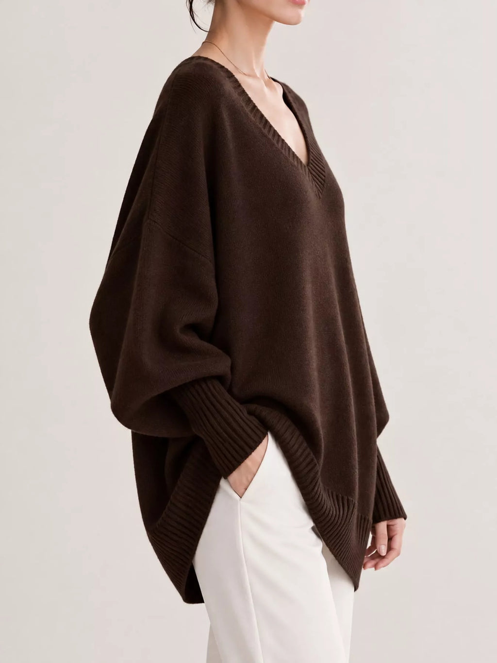 Full Size V-Neck Oversized Batwing Sleeve Sweater Plus Size