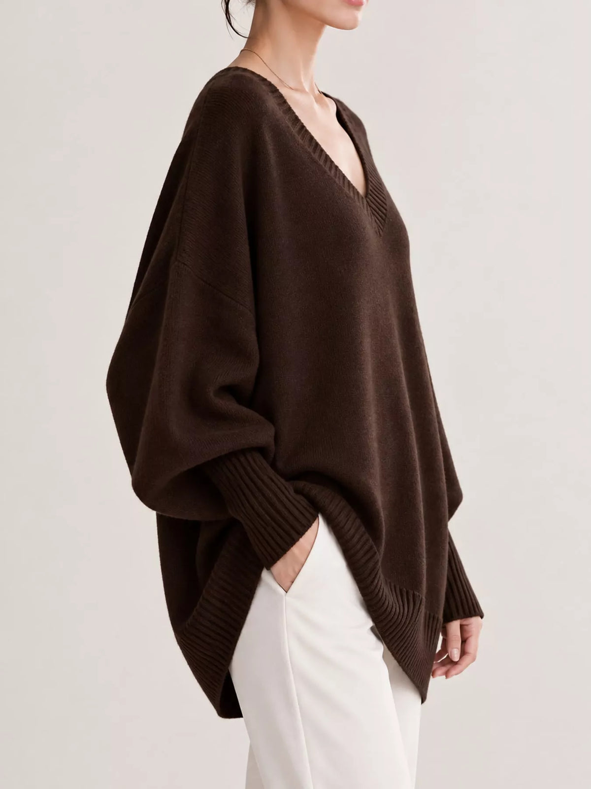 Full Size V-Neck Oversized Batwing Sleeve Sweater Plus Size