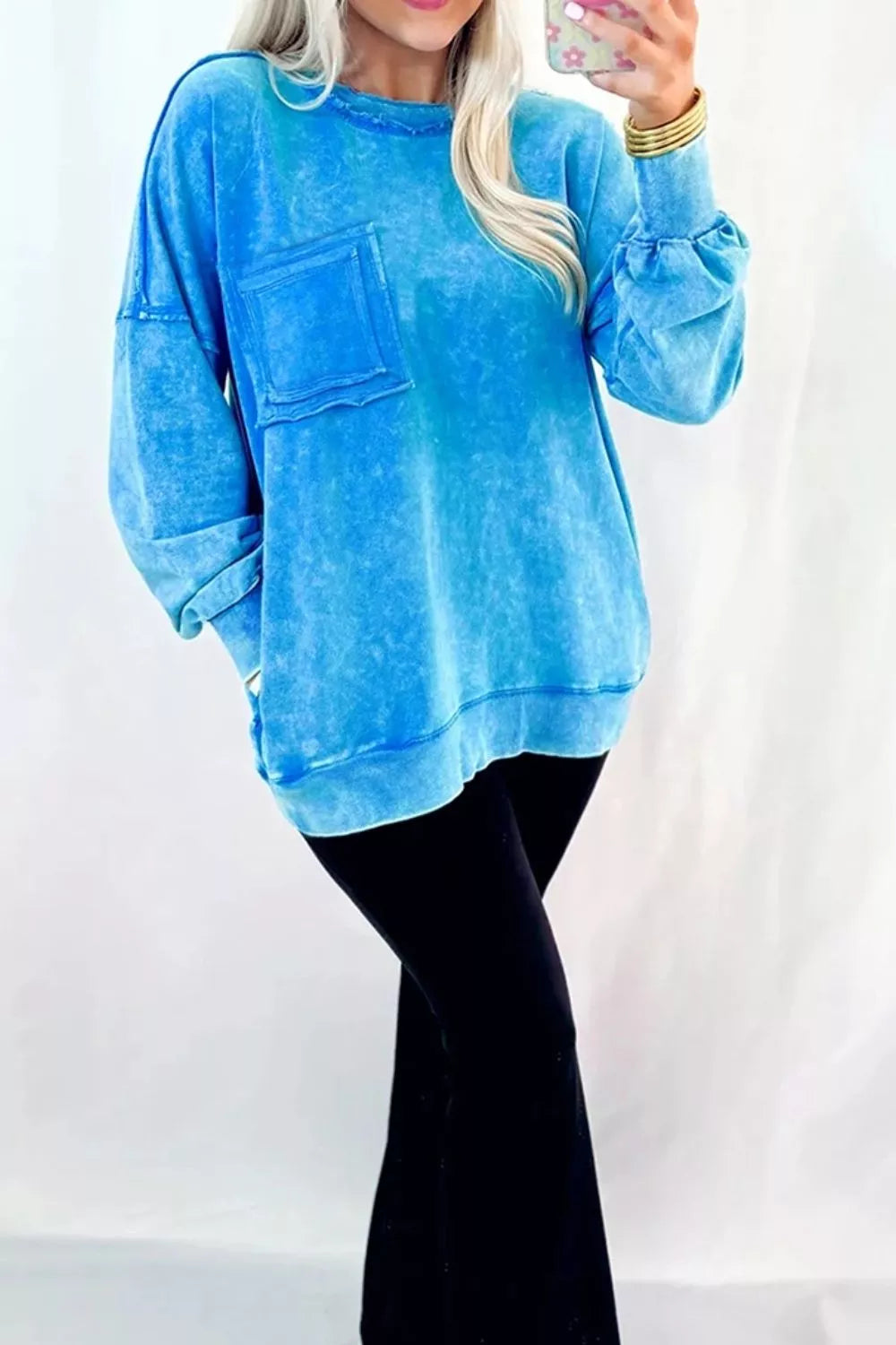 Mineral Wash Oversized Sweatshirt with Chest Pocket