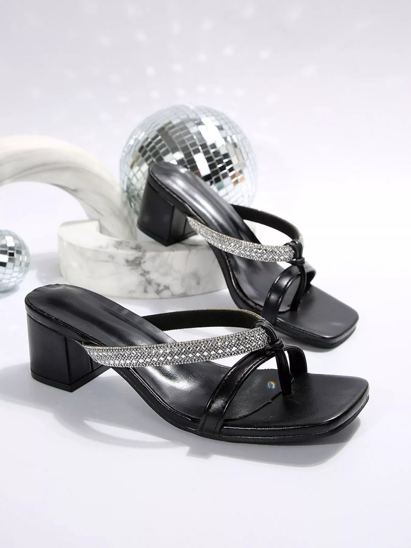 Rhinestone Embellished Block Heel Sandals