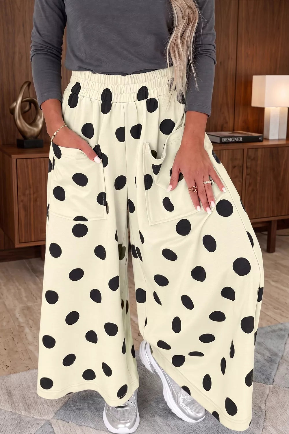 Polka Dot Wide Leg Elastic Waist Casual Pants