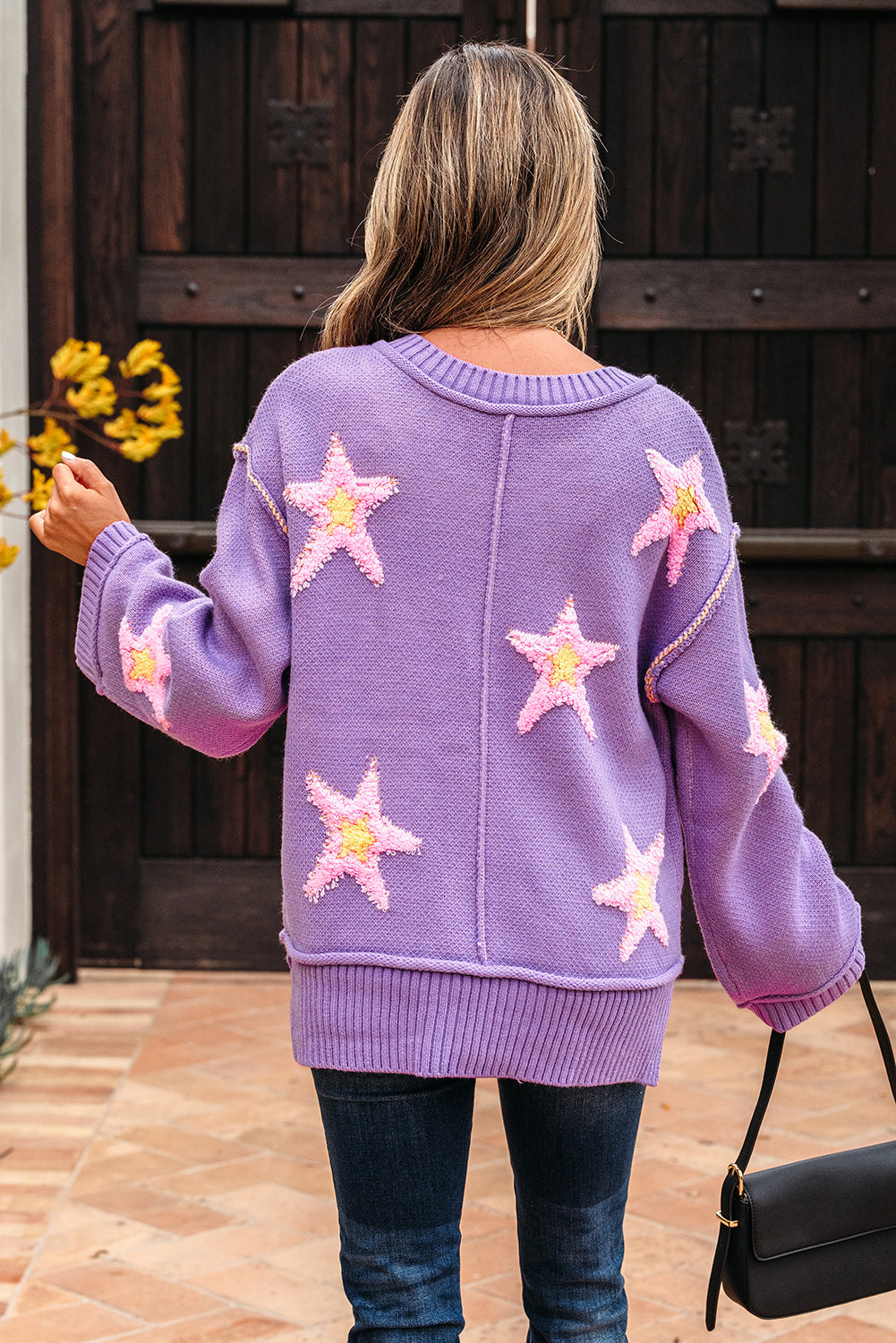 Star Textured V-Neck Drop Shoulder Oversized Sweater
