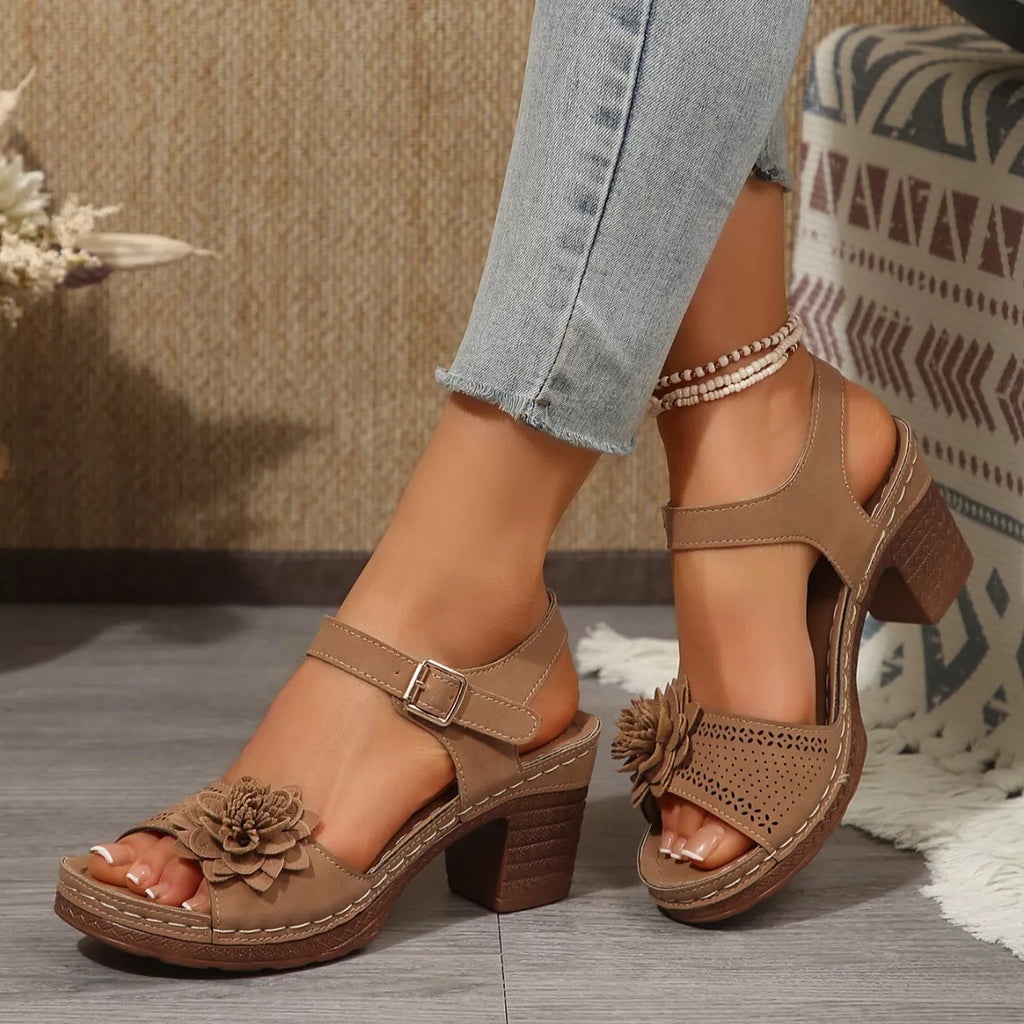 Floral Decor Buckle Ankle Strap Block Heel Sandals