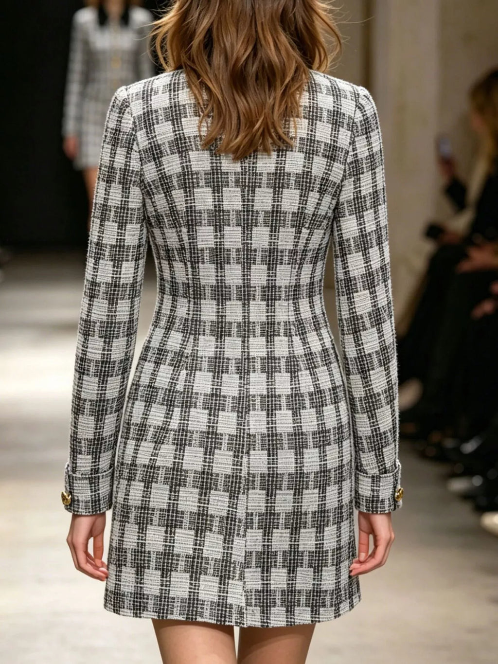Long Sleeve Plaid Tweed Button-Down Mini Dress