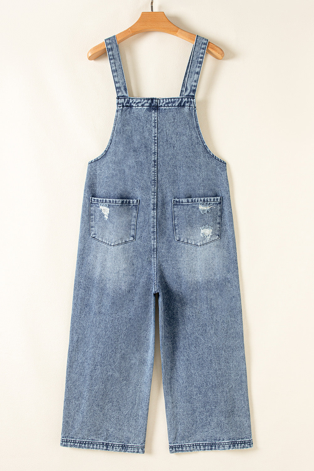 Solid Denim Distressed Bib Pocket Wide Leg Overall