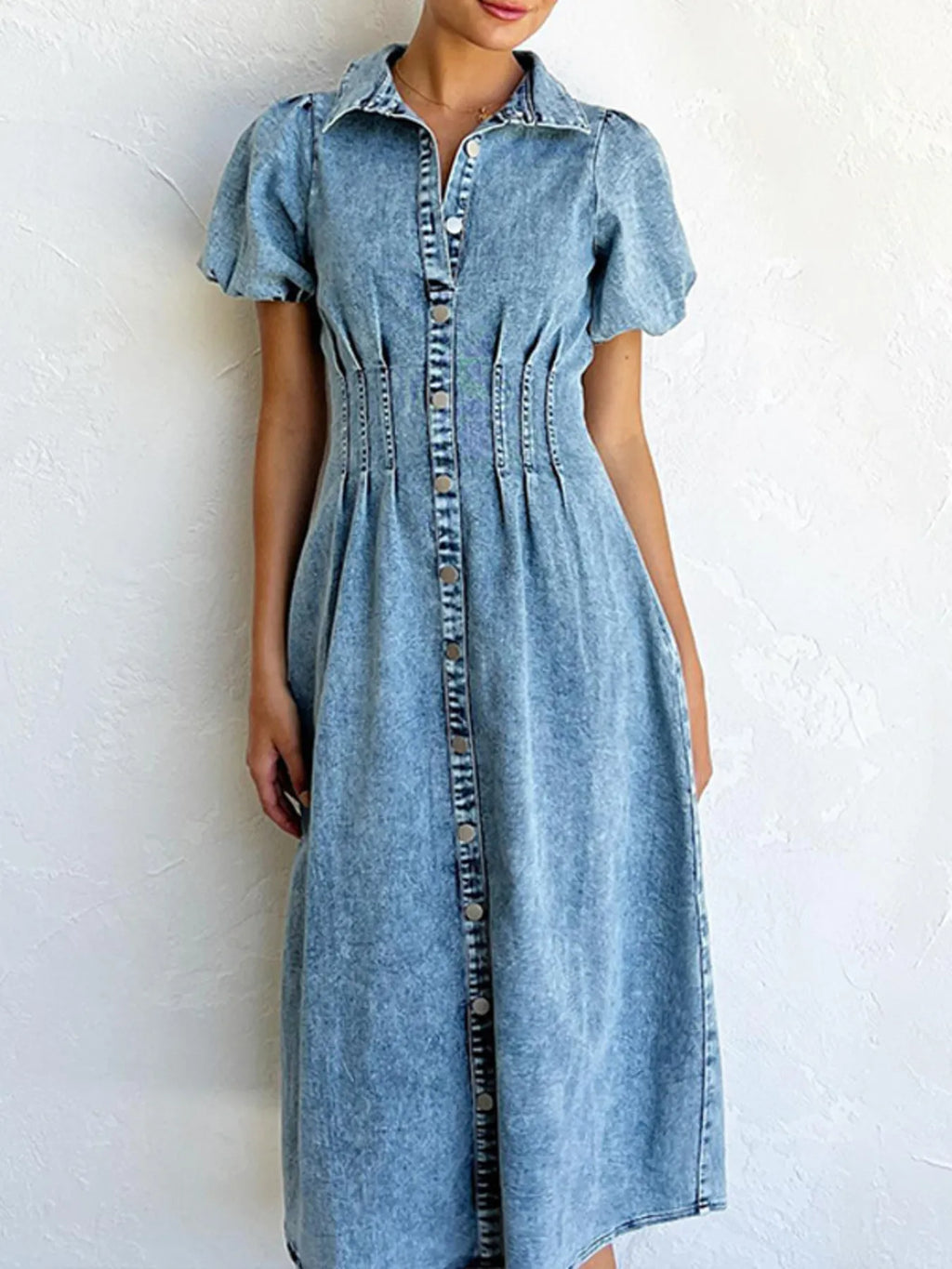 Puff Sleeve Button Front Denim Midi Dress