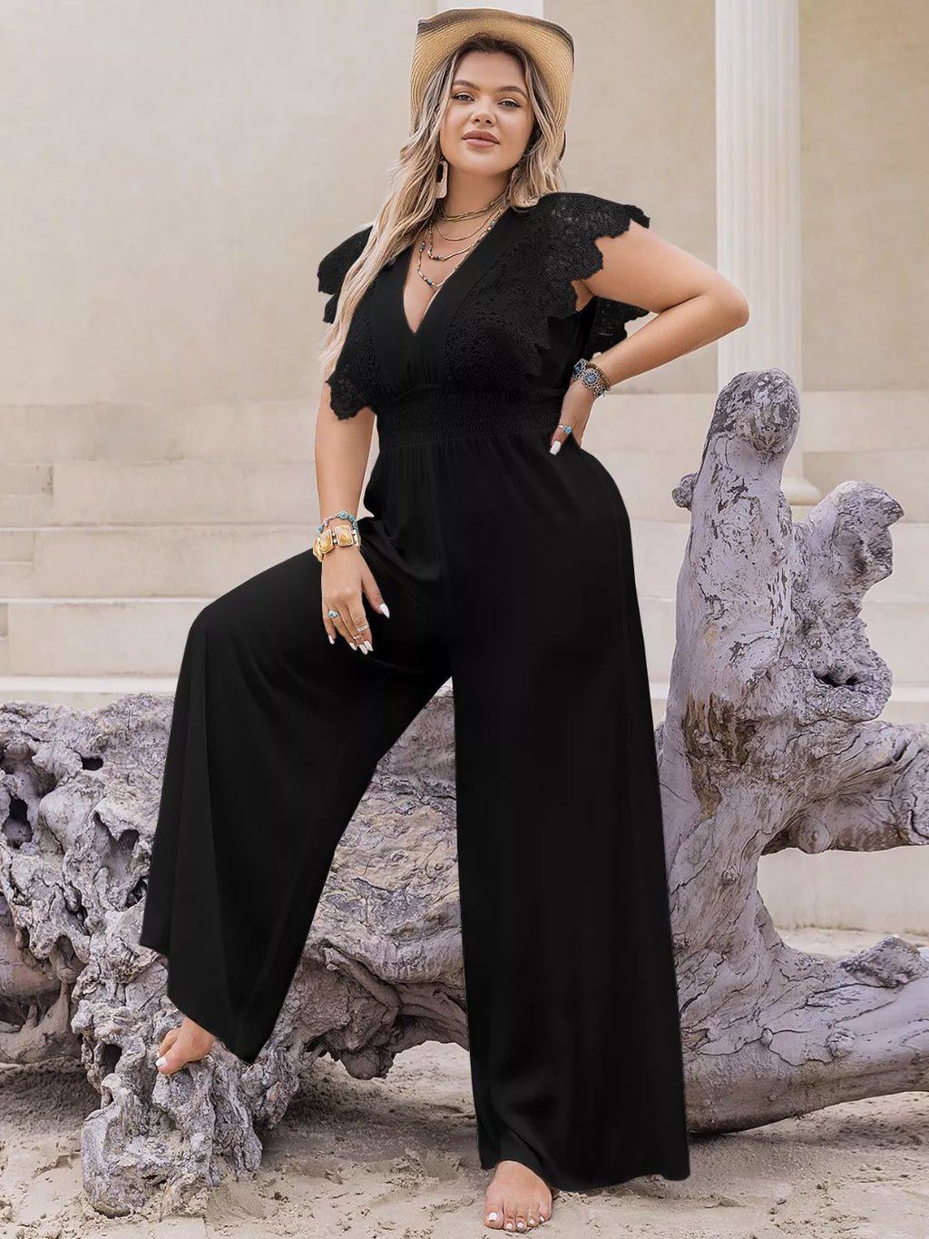 Lace Cap Sleeve Wide Leg Jumpsuit