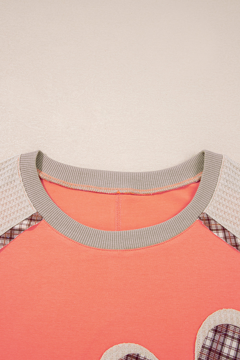Plaid Flower Waffle Knit Patchwork 3/4 Sleeve Top